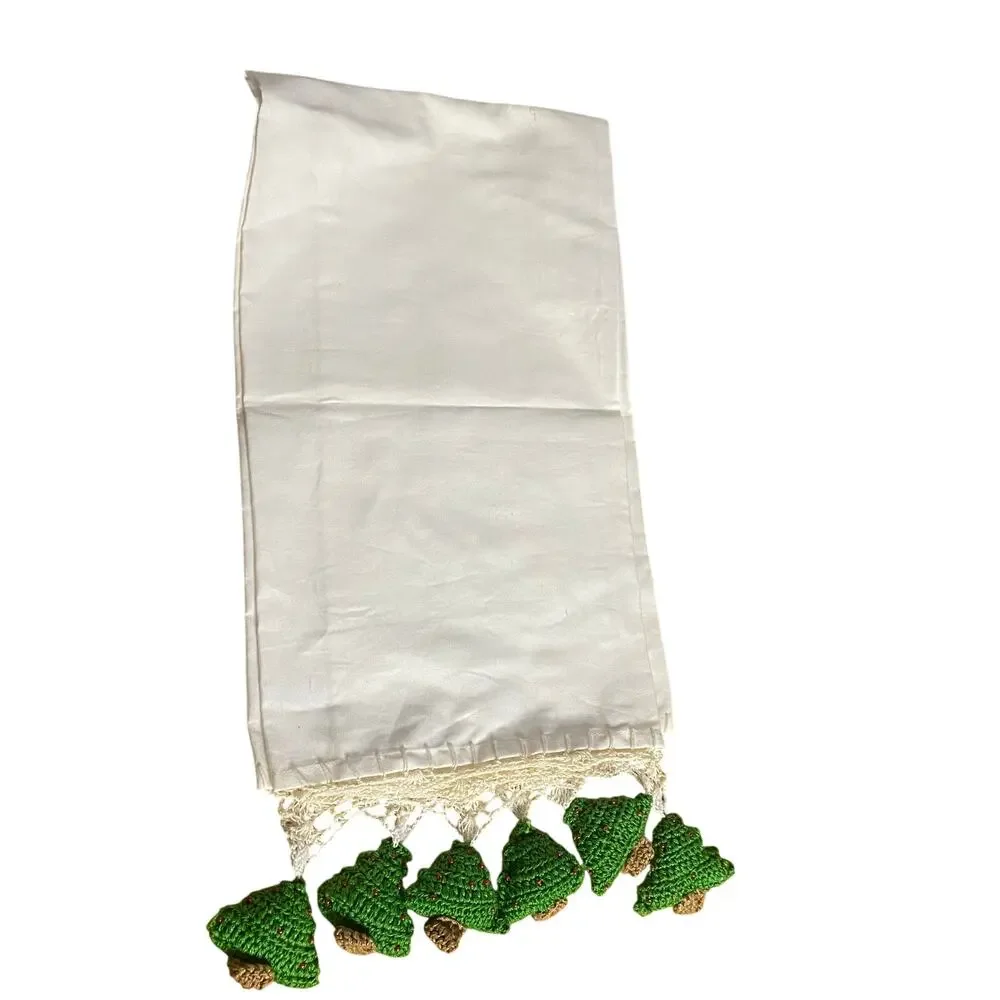 Handmade Cotton Kitchen Towel w/ Embroidered Christmas Trees & Crocheted Fringe